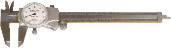 Mitutoyo - 0" to 6" Range, 0.001" Graduation, 1" per Revolution, Dial Caliper - White Face, Accurate to 0.1000", 40mm Jaw Length - USA Tool & Supply