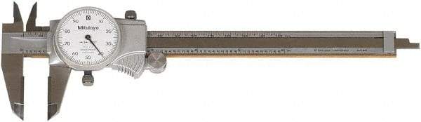 Mitutoyo - 0" to 6" Range, 0.001" Graduation, 1" per Revolution, Dial Caliper - White Face, Accurate to 0.1000", 40mm Jaw Length - USA Tool & Supply