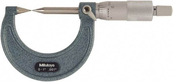Mitutoyo - 1 Inch, 38mm Throat Depth, Ratchet Stop, Mechanical Point Micrometer - Accurate Up to 0.00015 Inch, 0.001 Inch Graduation, 30° Point Angle, 6.35mm Spindle Diameter - USA Tool & Supply