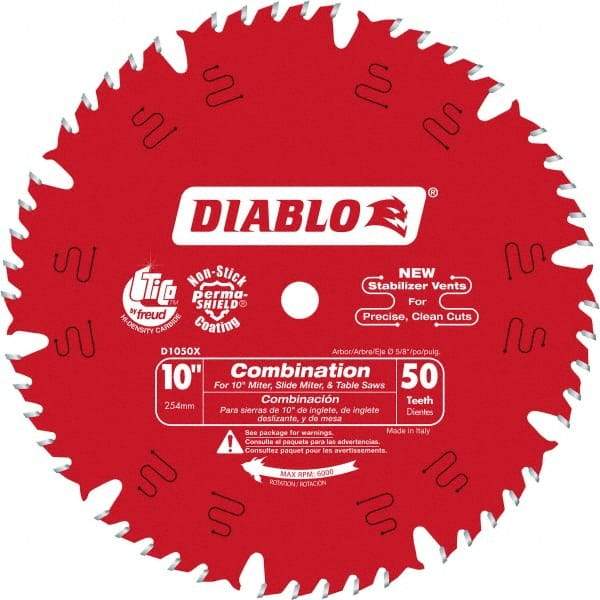 Freud - 10" Diam, 5/8" Arbor Hole Diam, 50 Tooth Wet & Dry Cut Saw Blade - Carbide-Tipped, Standard Round Arbor - USA Tool & Supply