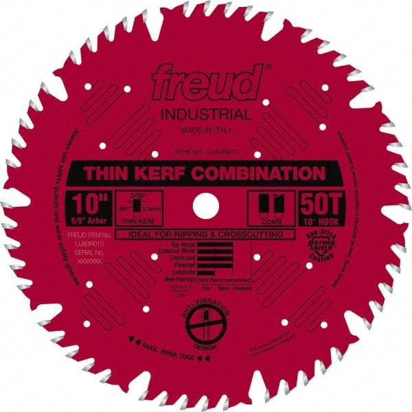 Freud - 10" Diam, 5/8" Arbor Hole Diam, 50 Tooth Wet & Dry Cut Saw Blade - Carbide-Tipped, Combination Action, Standard Round Arbor - USA Tool & Supply