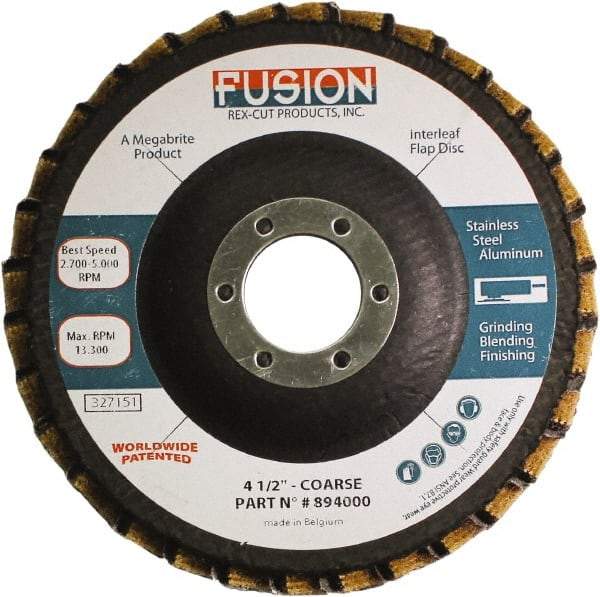 Rex Cut Product - 60 Grit, 4-1/2" Disc Diam, 7/8" Center Hole, Type 29 Aluminum Oxide Flap Disc - 13,300 Max RPM, Fiberglass Backing, Arbor Attaching System, Coated & Non-Woven Combo - USA Tool & Supply