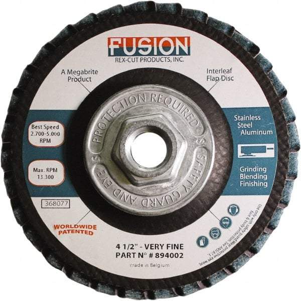 Rex Cut Product - 120 Grit, 4-1/2" Disc Diam, 5/8-11 Center Hole, Type 29 Aluminum Oxide Flap Disc - 13,300 Max RPM, Fiberglass Backing, Arbor Attaching System, Coated & Non-Woven Combo - USA Tool & Supply