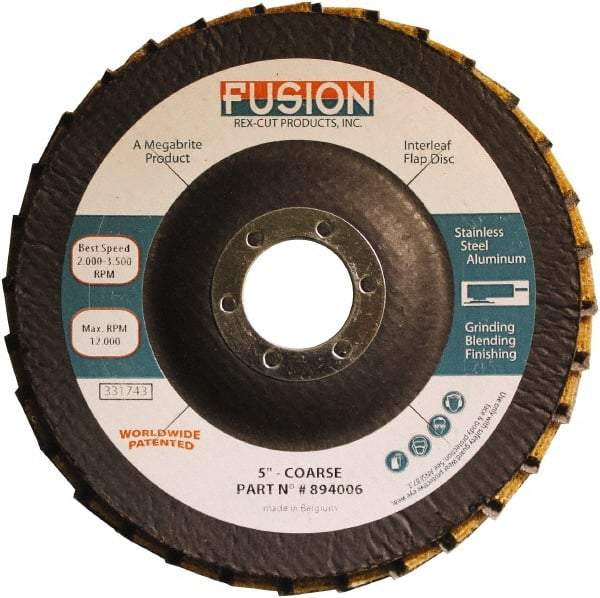 Rex Cut Product - 60 Grit, 5" Disc Diam, 7/8" Center Hole, Type 29 Aluminum Oxide Flap Disc - 12,200 Max RPM, Fiberglass Backing, Arbor Attaching System, Coated & Non-Woven Combo - USA Tool & Supply