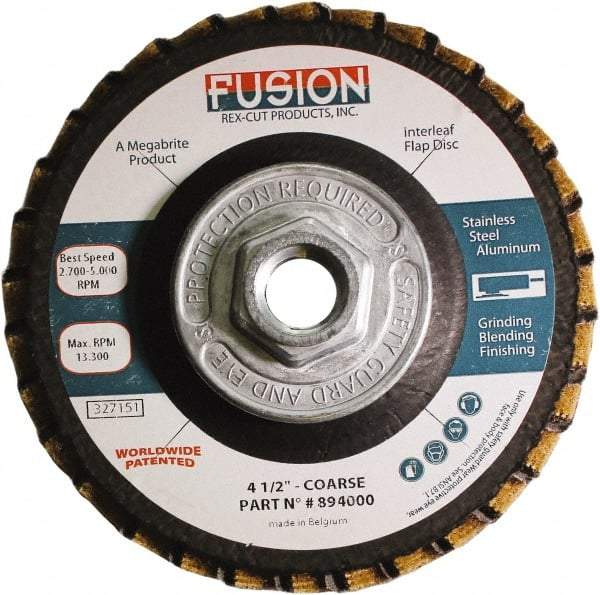 Rex Cut Product - 60 Grit, 4-1/2" Disc Diam, 5/8-11 Center Hole, Type 29 Aluminum Oxide Flap Disc - 13,300 Max RPM, Fiberglass Backing, Arbor Attaching System, Coated & Non-Woven Combo - USA Tool & Supply
