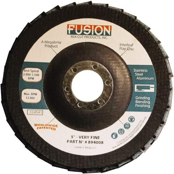 Rex Cut Product - 120 Grit, 5" Disc Diam, 7/8" Center Hole, Type 29 Aluminum Oxide Flap Disc - 12,200 Max RPM, Fiberglass Backing, Arbor Attaching System, Coated & Non-Woven Combo - USA Tool & Supply