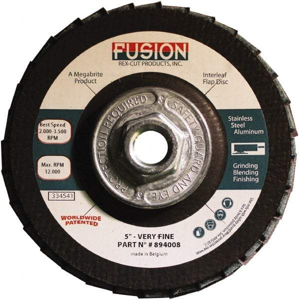Rex Cut Product - 120 Grit, 5" Disc Diam, 5/8-11 Center Hole, Type 29 Aluminum Oxide Flap Disc - 12,200 Max RPM, Fiberglass Backing, Arbor Attaching System, Coated & Non-Woven Combo - USA Tool & Supply