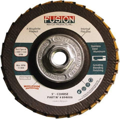 Rex Cut Product - 60 Grit, 5" Disc Diam, 5/8-11 Center Hole, Type 29 Aluminum Oxide Flap Disc - 12,200 Max RPM, Fiberglass Backing, Arbor Attaching System, Coated & Non-Woven Combo - USA Tool & Supply