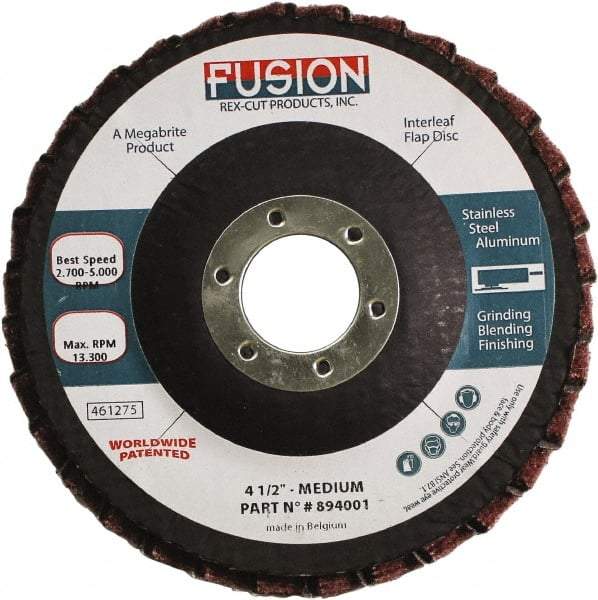 Rex Cut Product - 80 Grit, 4-1/2" Disc Diam, 7/8" Center Hole, Type 29 Aluminum Oxide Flap Disc - 13,300 Max RPM, Fiberglass Backing, Arbor Attaching System, Coated & Non-Woven Combo - USA Tool & Supply