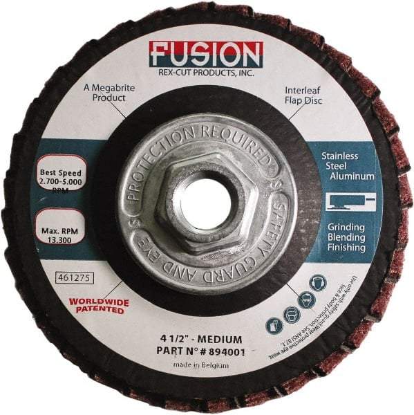 Rex Cut Product - 80 Grit, 4-1/2" Disc Diam, 5/8-11 Center Hole, Type 29 Aluminum Oxide Flap Disc - 13,300 Max RPM, Fiberglass Backing, Arbor Attaching System, Coated & Non-Woven Combo - USA Tool & Supply