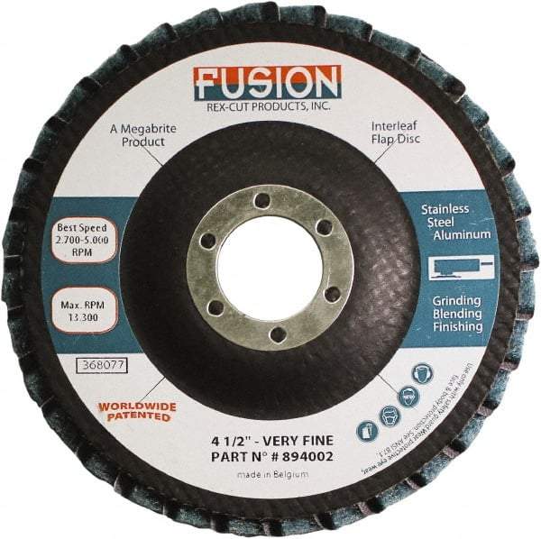Rex Cut Product - 120 Grit, 4-1/2" Disc Diam, 7/8" Center Hole, Type 29 Aluminum Oxide Flap Disc - 13,300 Max RPM, Fiberglass Backing, Arbor Attaching System, Coated & Non-Woven Combo - USA Tool & Supply