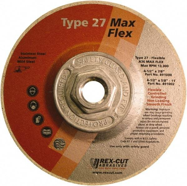 Rex Cut Product - 36 Grit, 4-1/2" Wheel Diam, 5/32" Wheel Thickness, Type 27 Depressed Center Wheel - Aluminum Oxide, 13,300 Max RPM - USA Tool & Supply