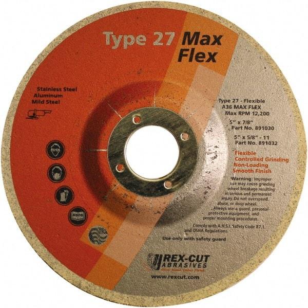 Rex Cut Product - 36 Grit, 5" Wheel Diam, 5/32" Wheel Thickness, 7/8" Arbor Hole, Type 27 Depressed Center Wheel - Aluminum Oxide, 12,200 Max RPM - USA Tool & Supply