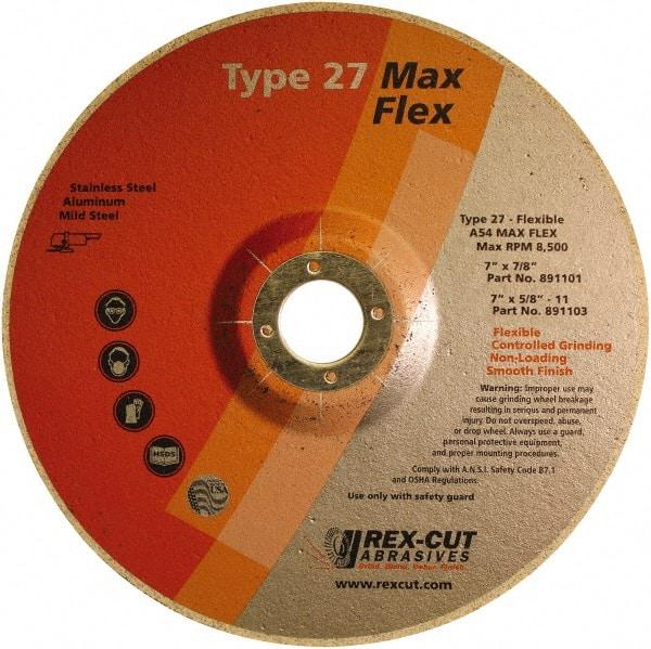 Rex Cut Product - 54 Grit, 7" Wheel Diam, 5/32" Wheel Thickness, 7/8" Arbor Hole, Type 27 Depressed Center Wheel - Aluminum Oxide, 8,500 Max RPM - USA Tool & Supply