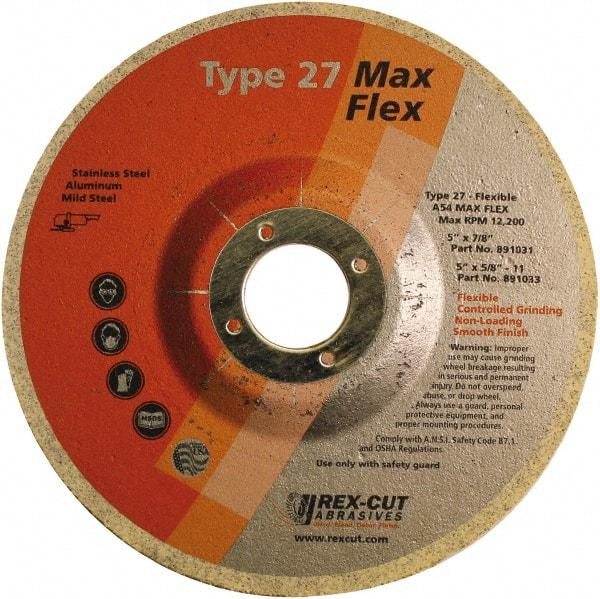 Rex Cut Product - 54 Grit, 5" Wheel Diam, 5/32" Wheel Thickness, 7/8" Arbor Hole, Type 27 Depressed Center Wheel - Aluminum Oxide, 12,200 Max RPM - USA Tool & Supply