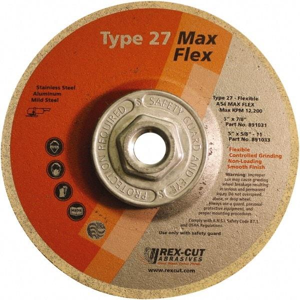 Rex Cut Product - 54 Grit, 5" Wheel Diam, 5/32" Wheel Thickness, Type 27 Depressed Center Wheel - Aluminum Oxide, 12,200 Max RPM - USA Tool & Supply