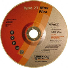 Rex Cut Product - 36 Grit, 7" Wheel Diam, 5/32" Wheel Thickness, 7/8" Arbor Hole, Type 27 Depressed Center Wheel - Aluminum Oxide, 8,500 Max RPM - USA Tool & Supply