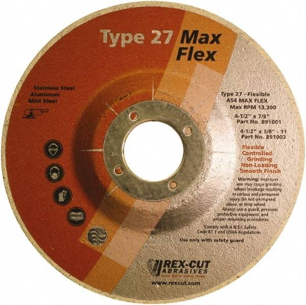 Rex Cut Product - 54 Grit, 4-1/2" Wheel Diam, 5/32" Wheel Thickness, 7/8" Arbor Hole, Type 27 Depressed Center Wheel - Aluminum Oxide, 13,300 Max RPM - USA Tool & Supply