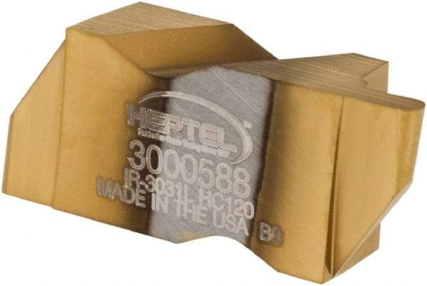 Hertel - 3031IR Grade HC120, 1.57mm Cutting Width Carbide Grooving Insert - 3.18mm Max Depth of Cut, Left Hand, 0.78mm Corner Radius, TiN Finish - USA Tool & Supply
