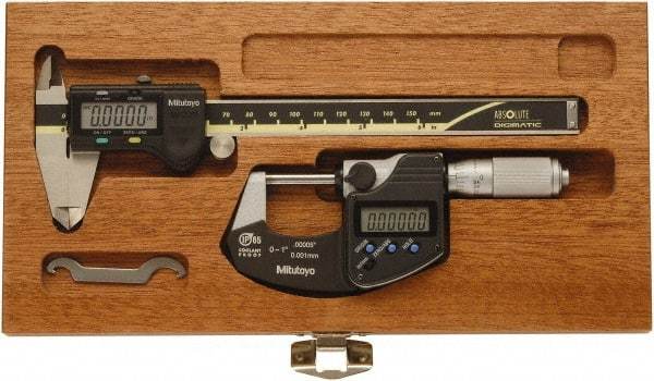 Mitutoyo - 4 Piece, Caliberated Machinist Caliper and Micrometer Tool Kit - 0 to 6 Inch Caliper, 0.0005 Inch Caliper Resoluion, 0 to 1 Inch Micrometer, 0.0001 Inch Graduation, 0.0005 Inch Resoluion - USA Tool & Supply