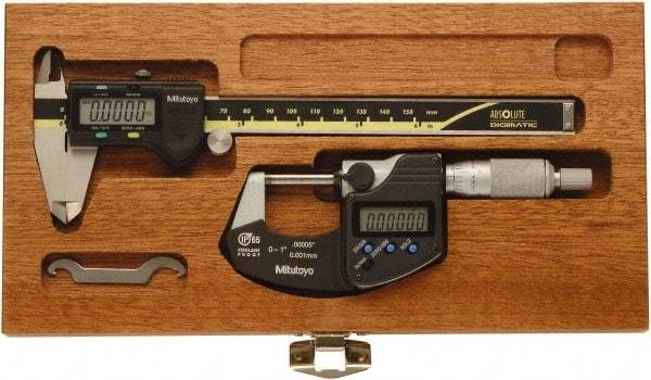 Mitutoyo - 4 Piece, Caliberated Machinist Caliper and Micrometer Tool Kit - 0 to 6 Inch Caliper, 0.0005 Inch Caliper Resoluion, 0 to 1 Inch Micrometer, 0.0001 Inch Graduation, 0.0005 Inch Resoluion - USA Tool & Supply