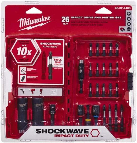 Milwaukee Tool - 26 Piece, Screwdriver Power Bit Set - #1 to #3 Phillips, 1/4 to 9/16" Hex, T20 to T30 Torx - USA Tool & Supply