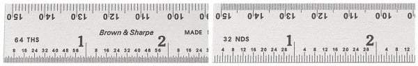 TESA Brown & Sharpe - 6" Long, 1/64, 1/32" and 0.5, 1mm Graduation, Rigid Steel Rule - English/Metric Graduation Style, 3/4" Wide, Silver, Satin Chrome Finish - USA Tool & Supply