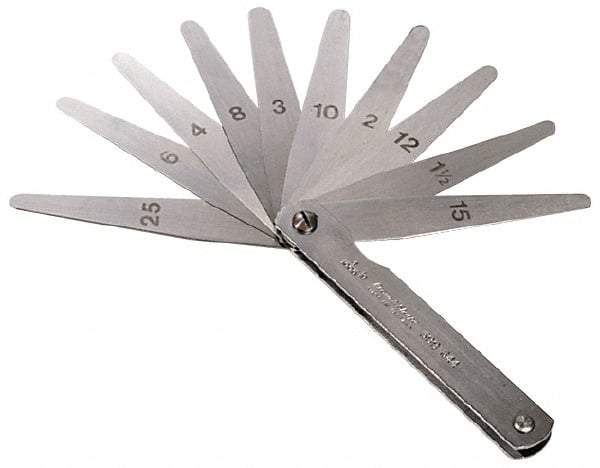 TESA Brown & Sharpe - 26 Piece, 0.0015 to 0.025" Thick, Tapered Feeler Gage Set - 3" Leaf Length, 1/2" Wide, Steel - USA Tool & Supply