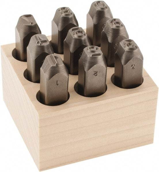 C.H. Hanson - 9 Piece, 3/8" Character Steel Stamp Set - Figures, Low Stress Round Face Full - USA Tool & Supply