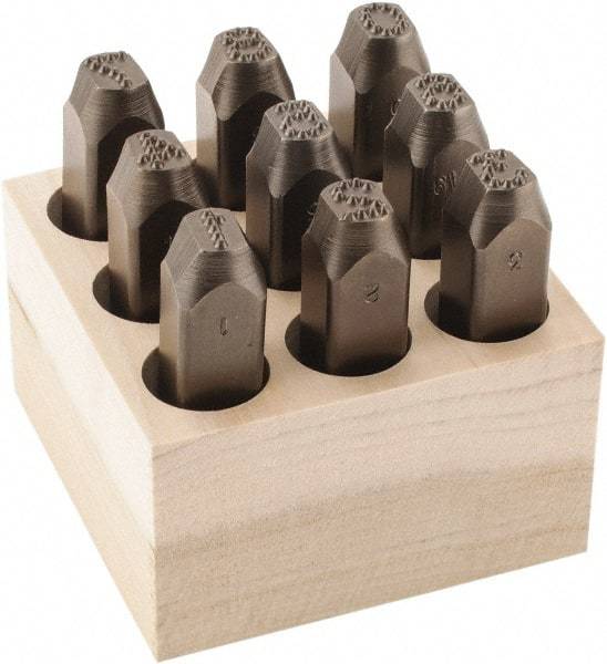 C.H. Hanson - 9 Piece, 3/8" Character Steel Stamp Set - Figures, Low Stress Round Face Dot - USA Tool & Supply