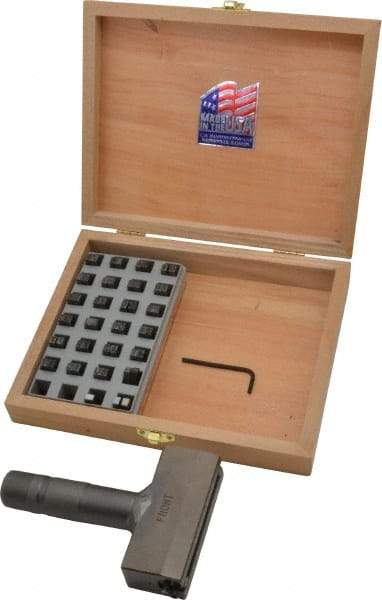 C.H. Hanson - 51 Piece, 3/16 Inch Character, Steel Type Set - 10 Character Capacity, Letter Set A-Z, Number Set 0-9, Dash, 3 Blank Spacers, Ea of 1-9, A, E and Wood Box with Plastic Insert - USA Tool & Supply