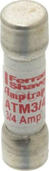 Ferraz Shawmut - 600 VAC/VDC, 0.75 Amp, Fast-Acting Midget Fuse - Clip Mount, 1-1/2" OAL, 100 at AC/DC kA Rating, 13/32" Diam - USA Tool & Supply