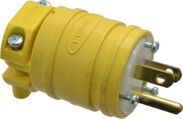 Hubbell Wiring Device-Kellems - 125 VAC, 15 Amp, 5-15P NEMA, Straight, Self Grounding, Commercial Grade Plug - 2 Pole, 3 Wire, 1 Phase, 1/2 hp, Thermoplastic, Yellow - USA Tool & Supply