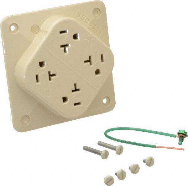 Hubbell Wiring Device-Kellems - 125 VAC, 20 Amp, 5-20R NEMA Configuration, Ivory, Specification Grade, Self Grounding Fourplex Receptacle - 1 Phase, 2 Poles, 3 Wire, Flush Mount, Impact Resistant - USA Tool & Supply