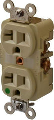 Hubbell Wiring Device-Kellems - 125 VAC, 20 Amp, 5-20R NEMA Configuration, Ivory, Hospital Grade, Self Grounding Duplex Receptacle - 1 Phase, 2 Poles, 3 Wire, Flush Mount, Chemical, Corrosion and Impact Resistant - USA Tool & Supply