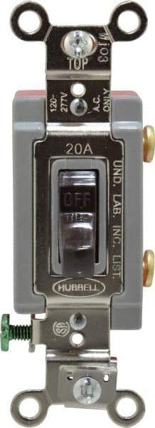 Hubbell Wiring Device-Kellems - 1 Pole, 120 to 277 VAC, 20 Amp, Industrial Grade, Toggle, Wall and Dimmer Light Switch - 1-5/16 Inch Wide x 4-1/16 Inch High - USA Tool & Supply