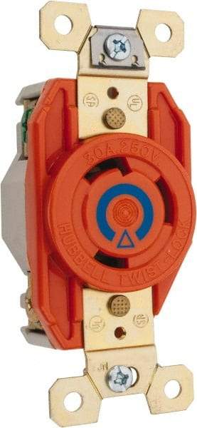Hubbell Wiring Device-Kellems - 250 VAC, 30 Amp, 6-30R NEMA Configuration, Orange, Industrial Grade, Isolated Ground Single Receptacle - 1 Phase, 2 Poles, 3 Wire, Flush Mount - USA Tool & Supply