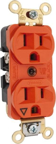 Hubbell Wiring Device-Kellems - 125 VAC, 15 Amp, 5-15R NEMA Configuration, Orange, Specification Grade, Isolated Ground Duplex Receptacle - 1 Phase, 2 Poles, 3 Wire, Flush Mount, Corrosion, Heat and Impact Resistant - USA Tool & Supply