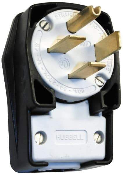 Hubbell Wiring Device-Kellems - 250 VAC, 60 Amp, 15-60P NEMA, Angled, Self Grounding, Commercial, Industrial Grade Plug - 3 Pole, 4 Wire, 3 Phase, 10 hp, Nylon, Black, White - USA Tool & Supply