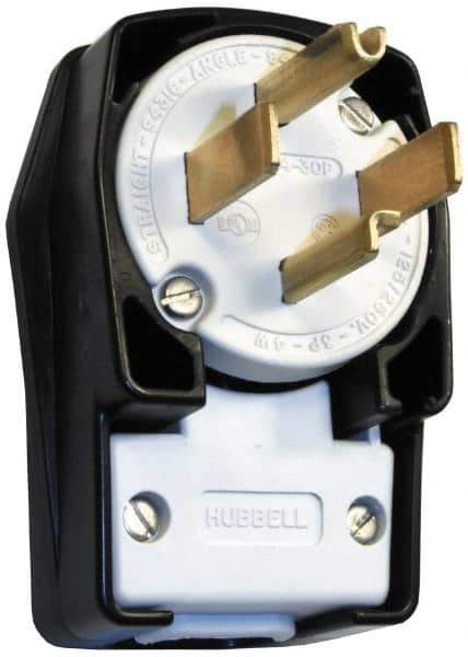 Hubbell Wiring Device-Kellems - 125/250 VAC, 30 Amp, 14-30P NEMA, Angled, Self Grounding, Commercial, Industrial Grade Plug - 3 Pole, 4 Wire, 1 Phase, 2 hp, Nylon, Black, White - USA Tool & Supply