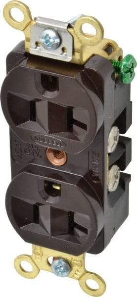 Hubbell Wiring Device-Kellems - 125 VAC, 20 Amp, 5-20R NEMA Configuration, Brown, Industrial Grade, Self Grounding Duplex Receptacle - 1 Phase, 2 Poles, 3 Wire, Flush Mount, Corrosion, Heat and Impact Resistant - USA Tool & Supply