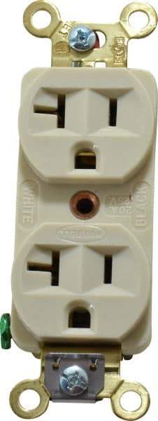 Hubbell Wiring Device-Kellems - 125 VAC, 20 Amp, 5-20R NEMA Configuration, Ivory, Industrial Grade, Self Grounding Duplex Receptacle - 1 Phase, 2 Poles, 3 Wire, Flush Mount, Corrosion, Heat and Impact Resistant - USA Tool & Supply