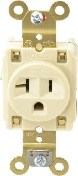 Hubbell Wiring Device-Kellems - 125 VAC, 20 Amp, 5-20R NEMA Configuration, Ivory, Specification Grade, Self Grounding Single Receptacle - 1 Phase, 2 Poles, 3 Wire, Flush Mount, Corrosion, Heat and Impact Resistant - USA Tool & Supply