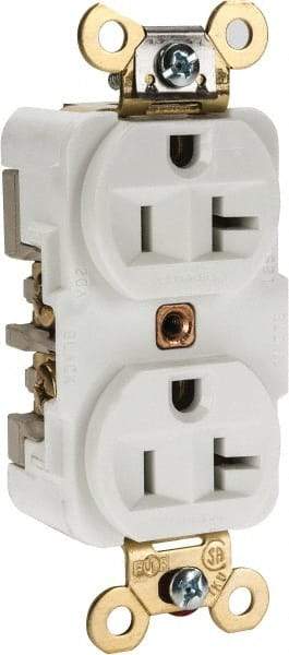 Hubbell Wiring Device-Kellems - 125 VAC, 20 Amp, 5-20R NEMA Configuration, White, Specification Grade, Self Grounding Duplex Receptacle - 1 Phase, 2 Poles, 3 Wire, Flush Mount, Corrosion, Heat and Impact Resistant - USA Tool & Supply