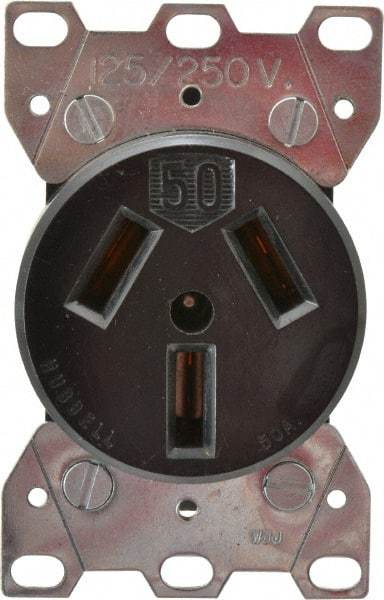 Hubbell Wiring Device-Kellems - 125/250 VAC, 50 Amp, 10-50R NEMA Configuration, Black, Specification Grade, Ungrounded Single Receptacle - 1 Phase, 3 Poles, 3 Wire, Flush Mount - USA Tool & Supply