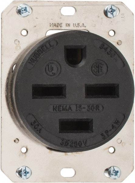 Hubbell Wiring Device-Kellems - 250 VAC, 30 Amp, 15-30R NEMA Configuration, Brown, Industrial Grade, Self Grounding Single Receptacle - 3 Phase, 3 Poles, 4 Wire, Flush Mount - USA Tool & Supply