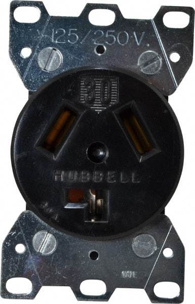 Hubbell Wiring Device-Kellems - 125/250 VAC, 30 Amp, 10-30R NEMA Configuration, Black/White, Industrial Grade, Self Grounding Single Receptacle - 1 Phase, 3 Poles, 3 Wire, Flush Mount - USA Tool & Supply