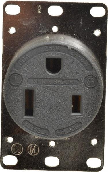 Hubbell Wiring Device-Kellems - 250 VAC, 50 Amp, 6-50R NEMA Configuration, Black, Industrial Grade, Self Grounding Single Receptacle - 1 Phase, 2 Poles, 3 Wire, Flush Mount - USA Tool & Supply