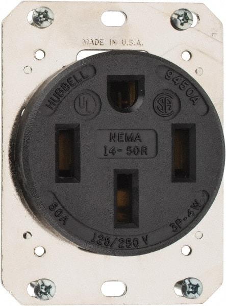 Hubbell Wiring Device-Kellems - 125/250 VAC, 50 Amp, 14-50R NEMA Configuration, Black, Industrial Grade, Self Grounding Single Receptacle - 1 Phase, 3 Poles, 4 Wire, Flush Mount - USA Tool & Supply