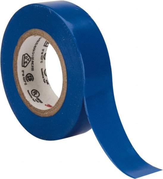 3M - 1/2" x 20', Blue Vinyl Electrical Tape - Series 35, 7 mil Thick, 1,250 V/mil Dielectric Strength, 17 Lb./Inch Tensile Strength - USA Tool & Supply